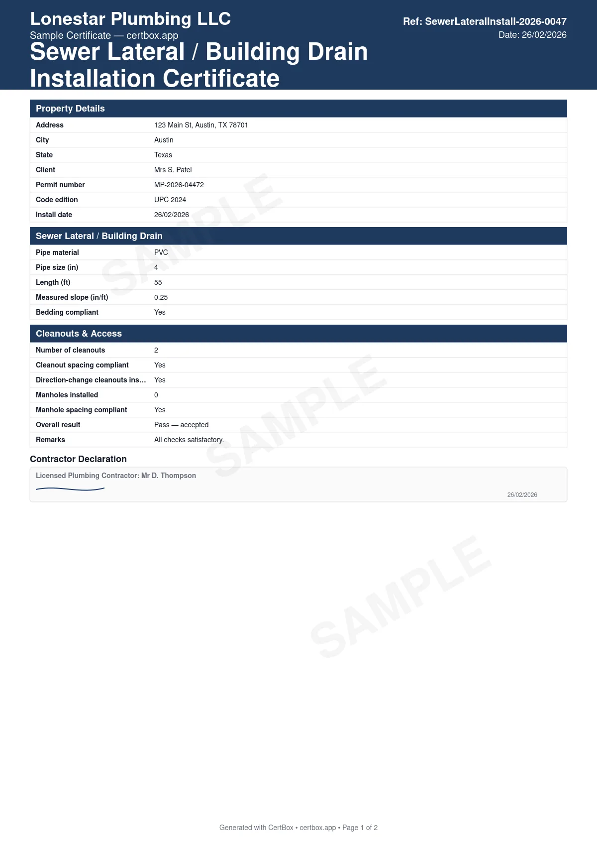 Sample Sewer Lateral / Building Drain Installation Certificate certificate created with CertBox, showing the professional PDF layout with pipe material, size, and measured slope, bedding and backfill compliance, cleanout count and spacing
