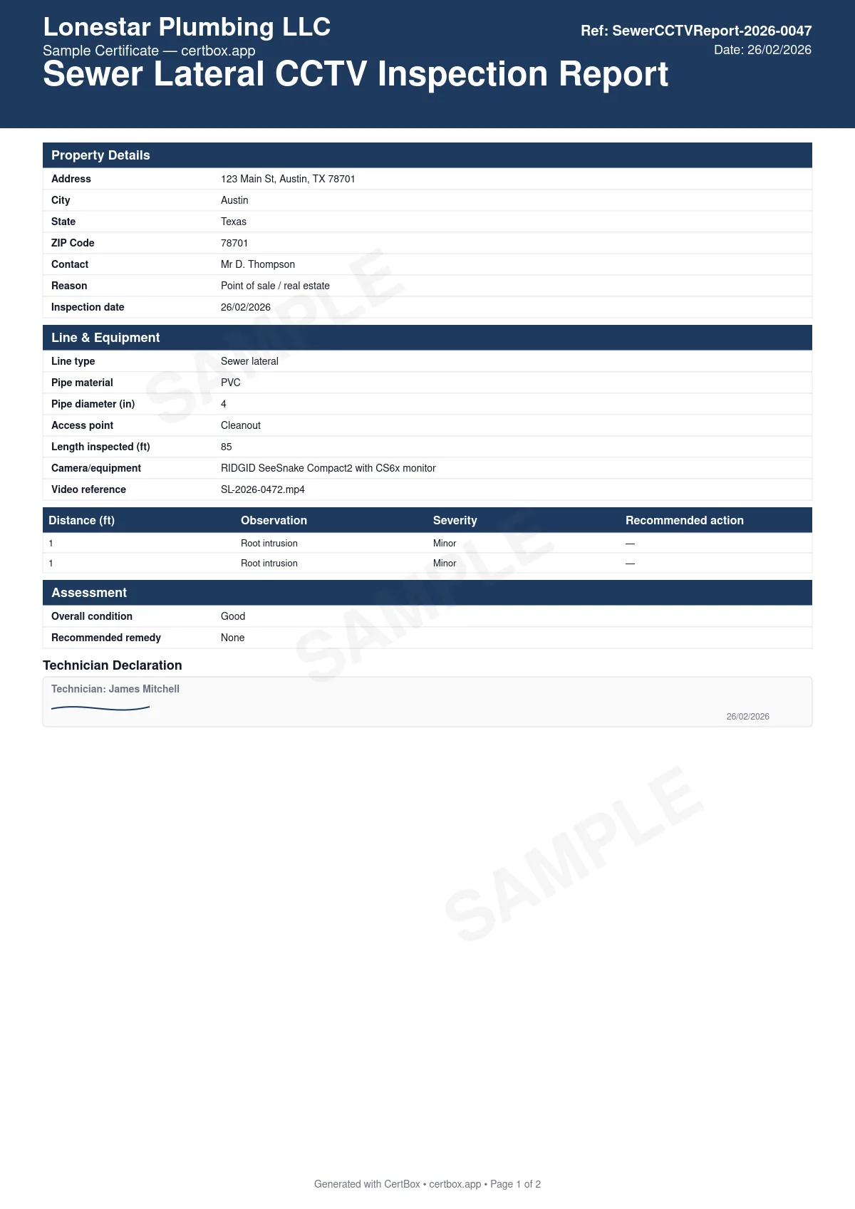 Sample Sewer Lateral CCTV Inspection Report certificate created with CertBox, showing the professional PDF layout with line type, pipe material, and length inspected, distance-referenced observations (root intrusion, cracks, offsets, blockage, corrosion, etc.), overall condition and recommended remedy