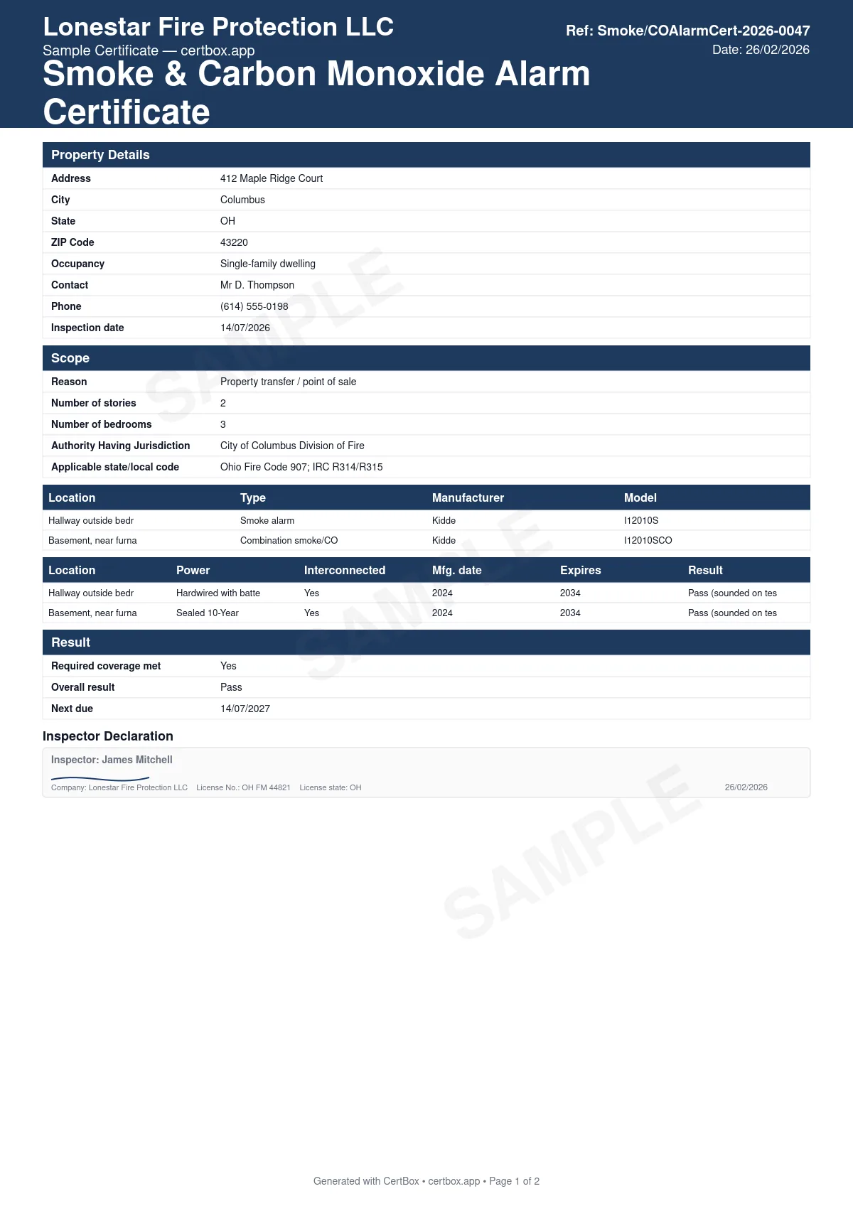 Sample Smoke & Carbon Monoxide Alarm Certificate certificate created with CertBox, showing the professional PDF layout with occupancy type, stories and bedrooms, reason for certificate and applicable local code, device type, technology, power source and interconnection per alarm