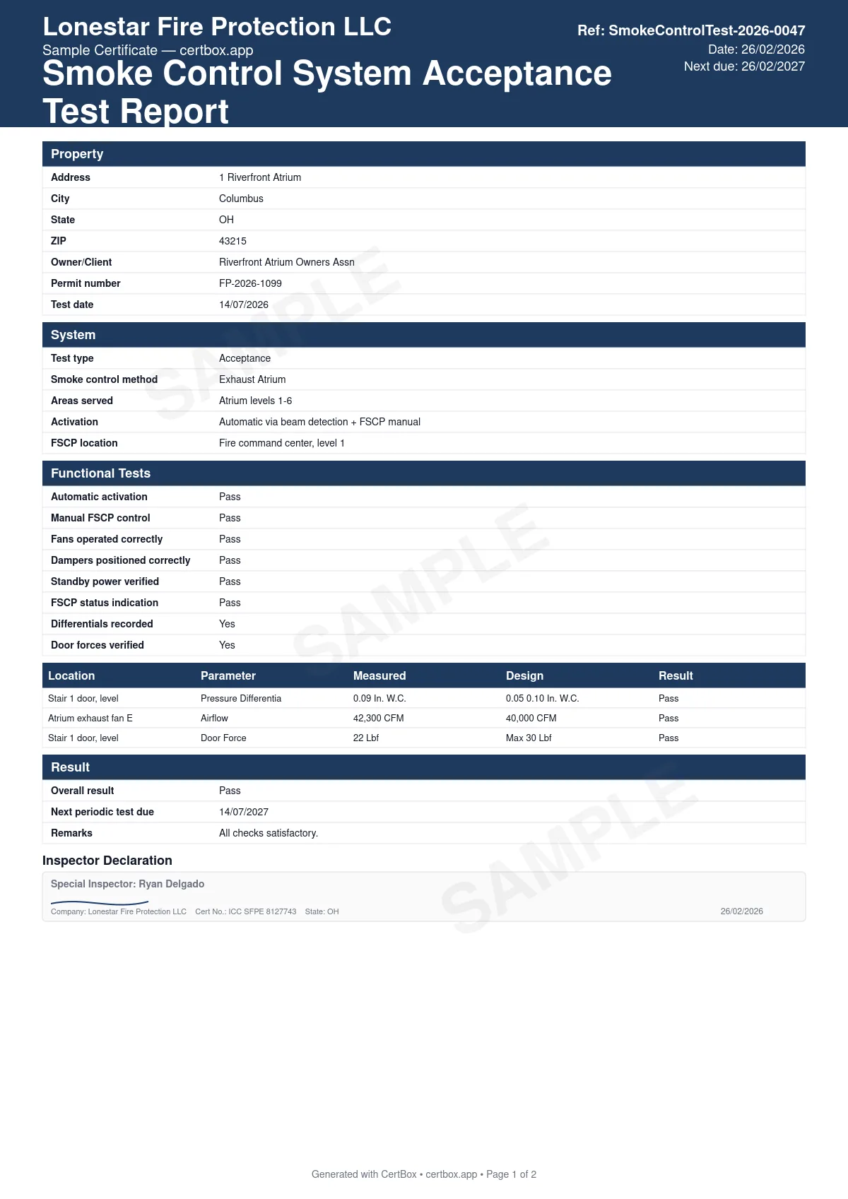 Sample Smoke Control System Acceptance Test Report certificate created with CertBox, showing the professional PDF layout with smoke control method and areas served, automatic and manual (fscp) operation, fan and damper response