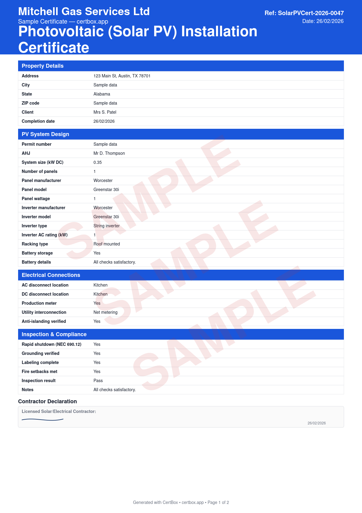 Sample Photovoltaic (Solar PV) Installation Certificate certificate created with CertBox, showing the professional PDF layout with system size and panel specifications, inverter type and configuration, rapid shutdown compliance (nec 690.12)