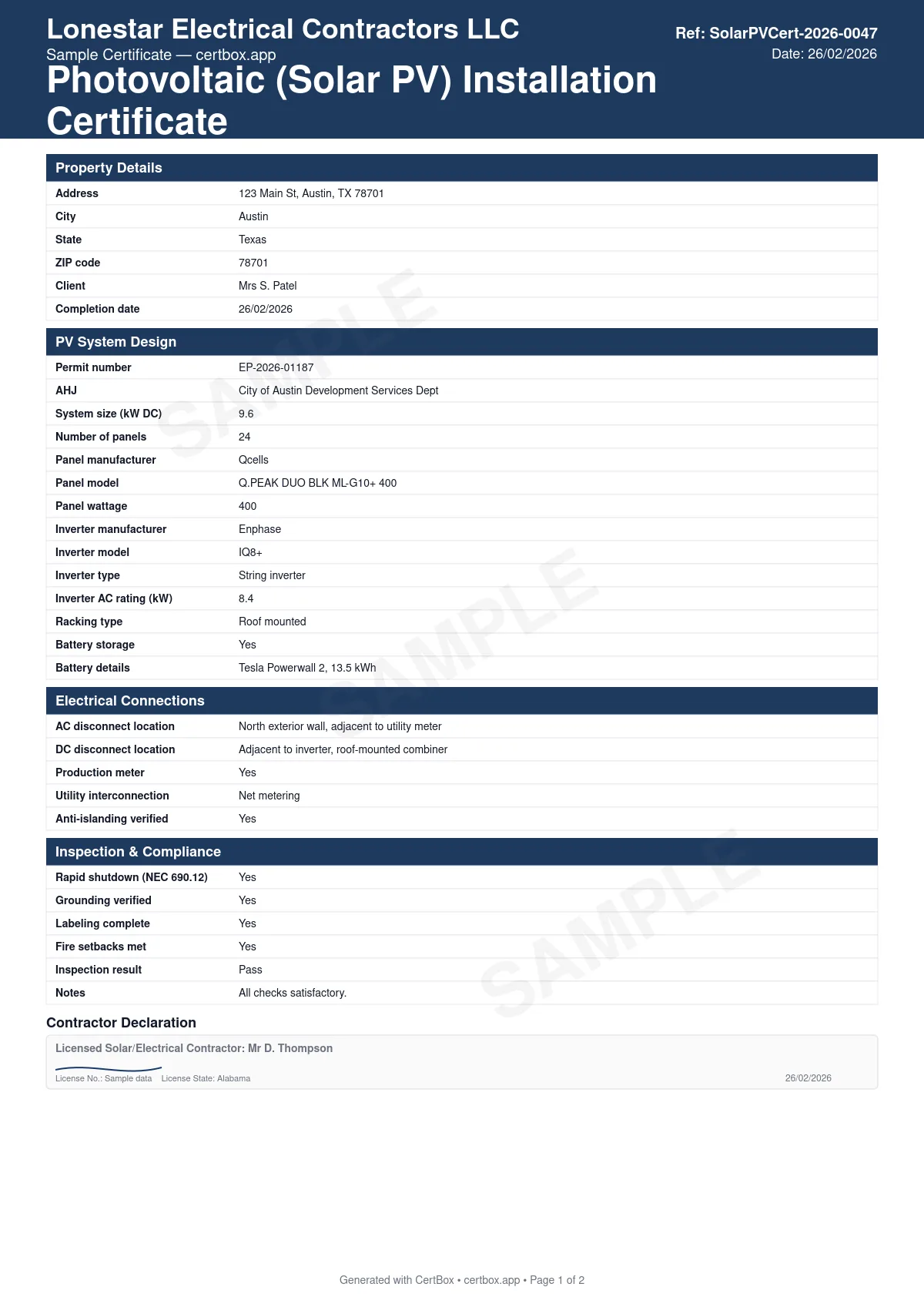 Sample Photovoltaic (Solar PV) Installation Certificate certificate created with CertBox, showing the professional PDF layout with system size and panel specifications, inverter type and configuration, rapid shutdown compliance (nec 690.12)