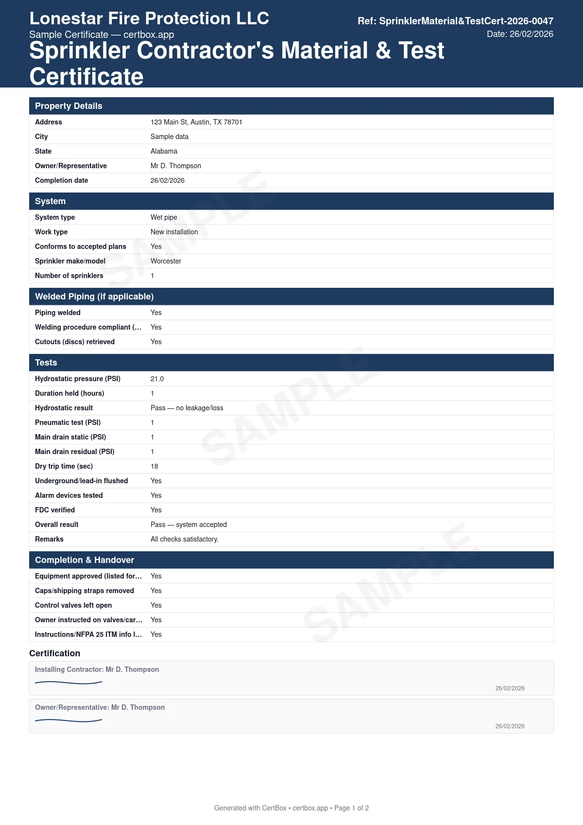 Sample Sprinkler Contractor's Material & Test Certificate (NFPA 13) certificate created with CertBox, showing the professional PDF layout with installation conformance to accepted plans, sprinkler make, model, orifice size and temperature rating, welding qc (aws b2.1/asme ix) where applicable