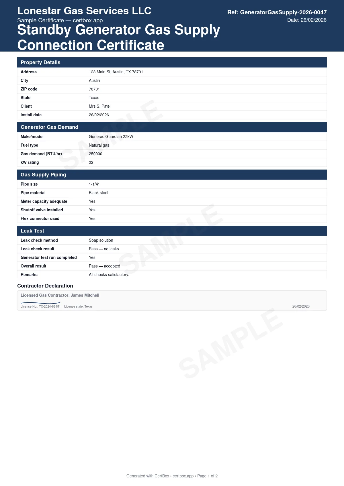 Sample Standby Generator Gas Supply Connection Certificate certificate created with CertBox, showing the professional PDF layout with generator fuel demand (btu/hr), pipe sizing and pressure, sediment trap and shut-off valve