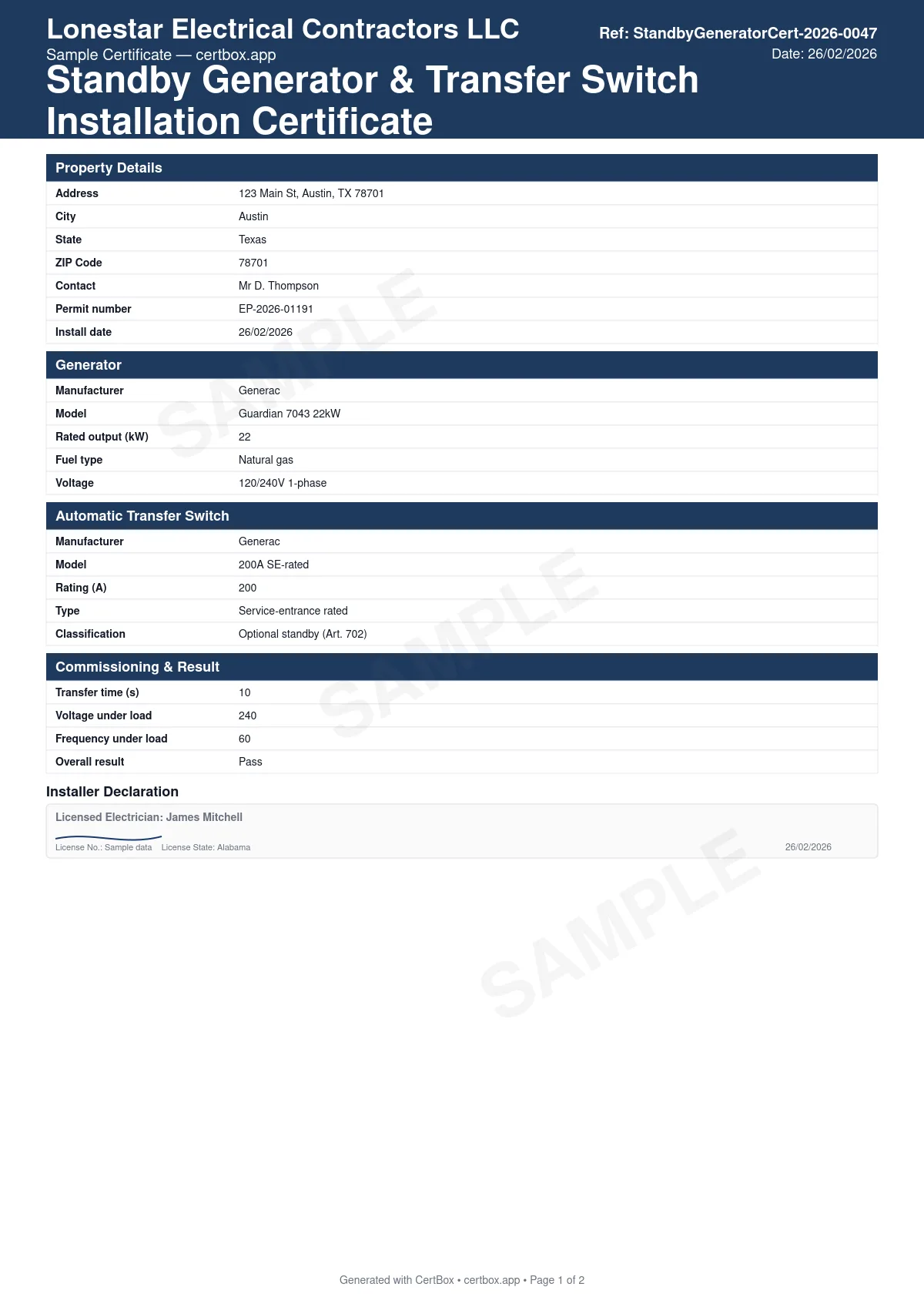 Sample Standby Generator & Transfer Switch Installation Certificate certificate created with CertBox, showing the professional PDF layout with generator rating and fuel type, ats manufacturer, rating and type, nec standby classification (art. 700/701/702)