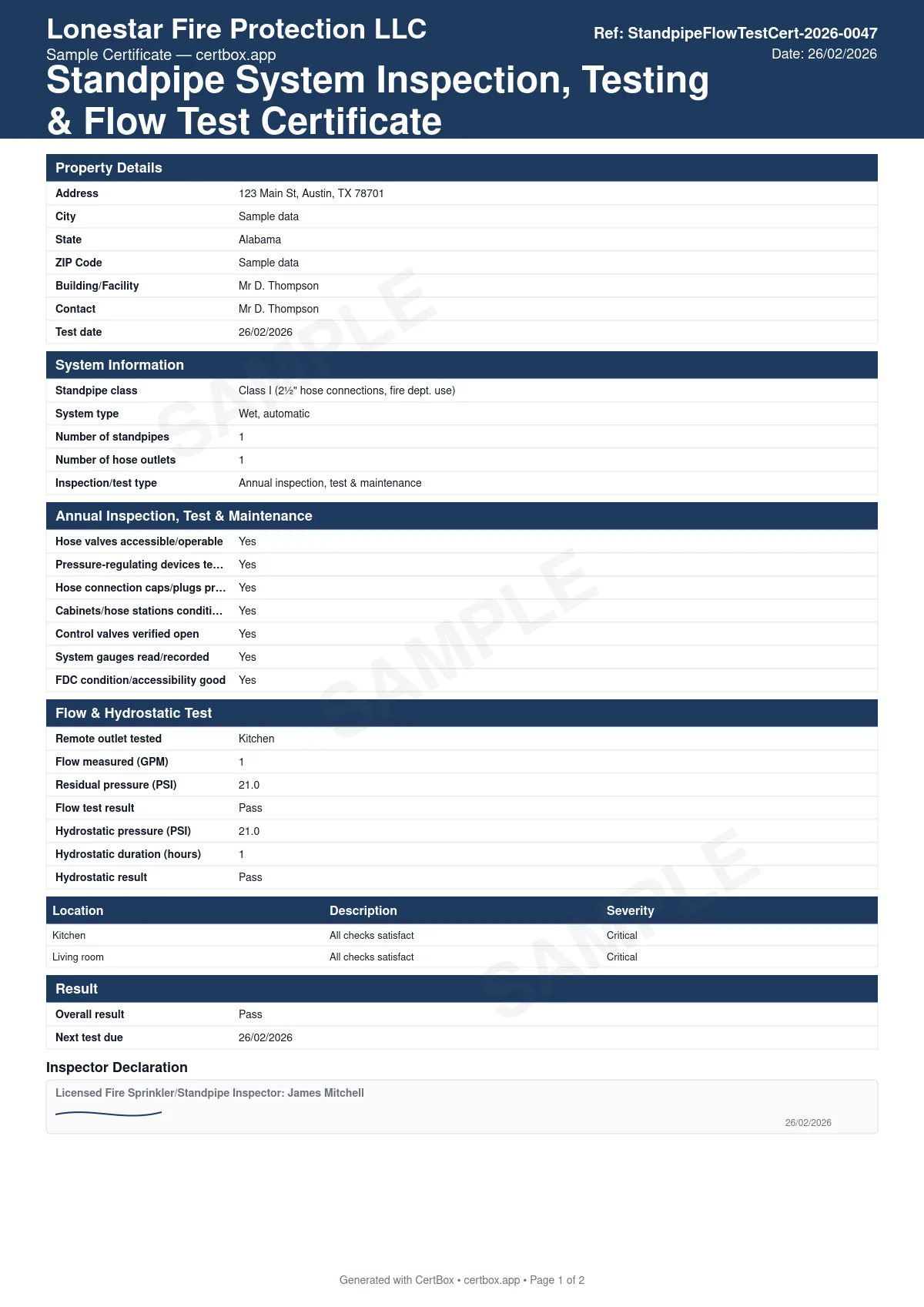 Sample Standpipe System Inspection, Testing & Flow Test Certificate (NFPA 25) certificate created with CertBox, showing the professional PDF layout with standpipe class (i, ii, or iii) and system type, number of standpipes and hose outlets/stations, hose valve accessibility and operability