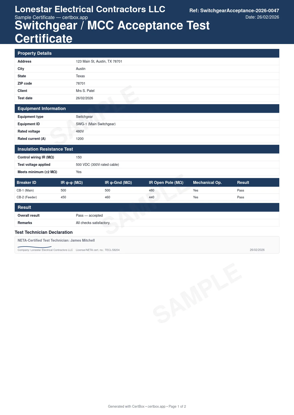 Sample Switchgear / MCC Acceptance Test Certificate certificate created with CertBox, showing the professional PDF layout with equipment ratings and configuration, insulation resistance readings, contact and connection resistance