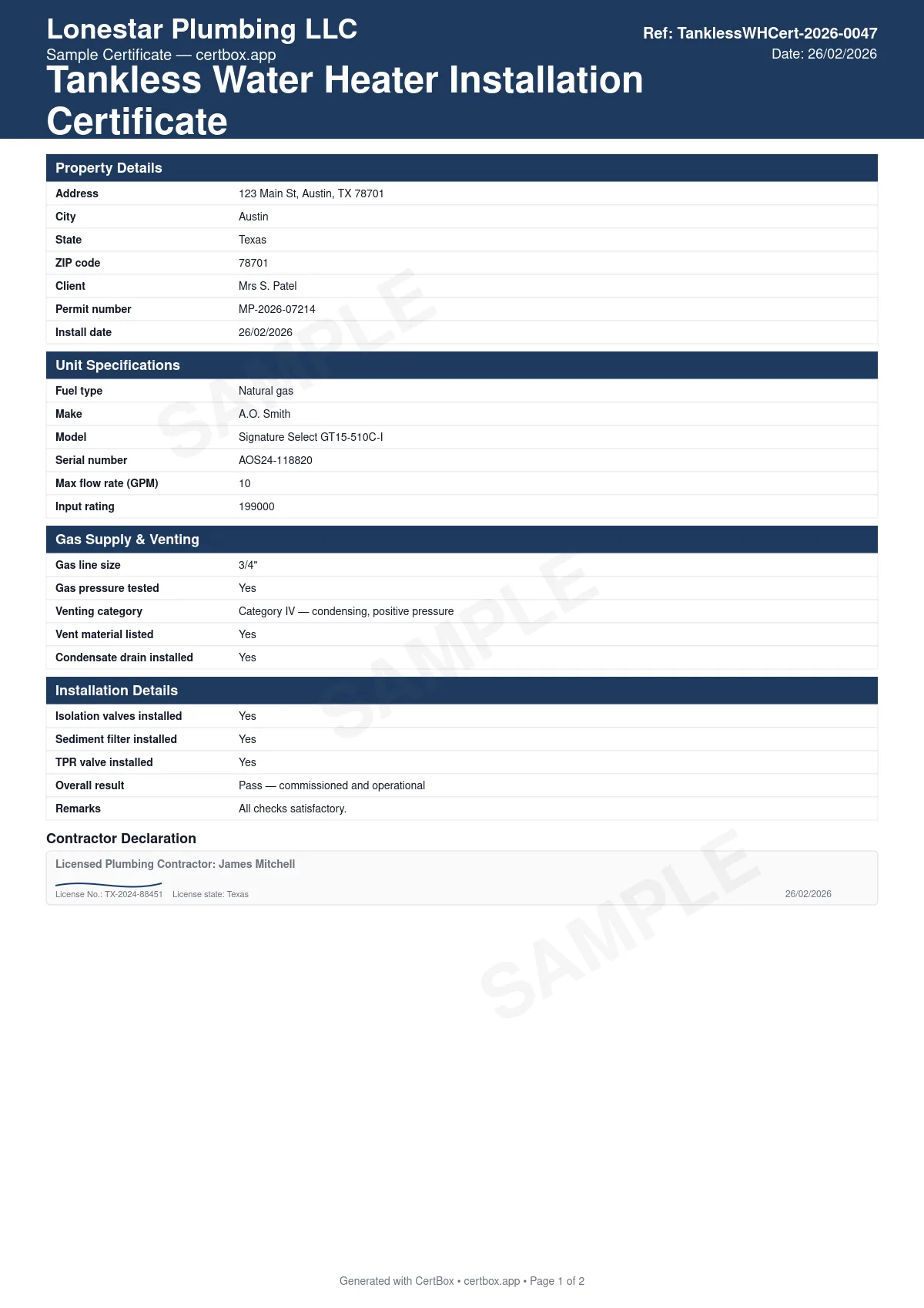 Sample Tankless Water Heater Installation Certificate certificate created with CertBox, showing the professional PDF layout with unit fuel type, flow rate, and input rating, gas line sizing and pressure test (gas/propane units), venting category (iii non-condensing / iv condensing) and material