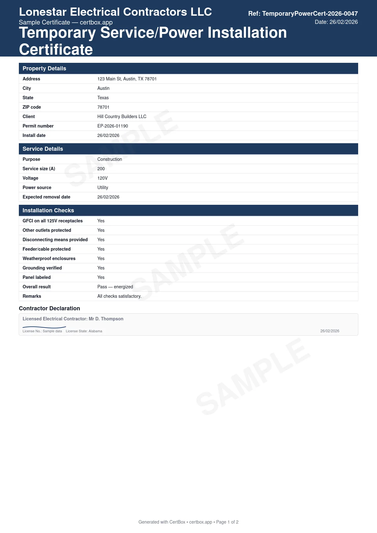 Sample Temporary Service/Power Installation Certificate certificate created with CertBox, showing the professional PDF layout with service size and voltage, gfci protection on all temporary receptacles (nec 590.6), disconnecting means