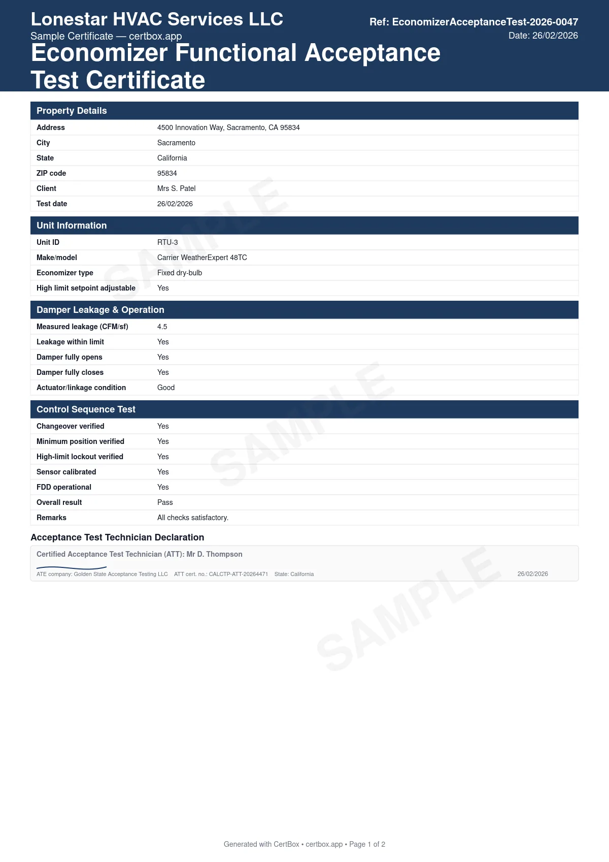 Sample Economizer Functional Acceptance Test Certificate (Title 24) certificate created with CertBox, showing the professional PDF layout with economizer/high-limit control type, high-limit setpoint adjustability (fixed dry-bulb/enthalpy controls), damper leakage rate vs. the 10 cfm/sf @ 1.0 in w.g. limit (amca 500-d)