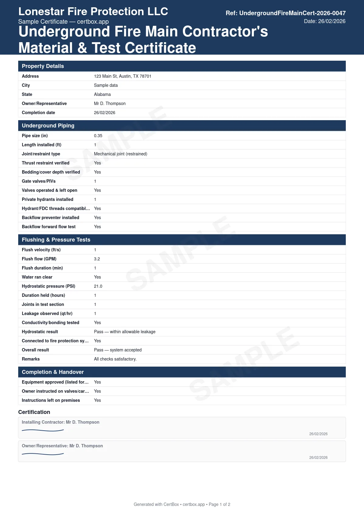 Sample Underground Fire Main Contractor's Material & Test Certificate (NFPA 24) certificate created with CertBox, showing the professional PDF layout with pipe material, size, and length installed, flushing verification before testing, hydrostatic test result and allowable leakage