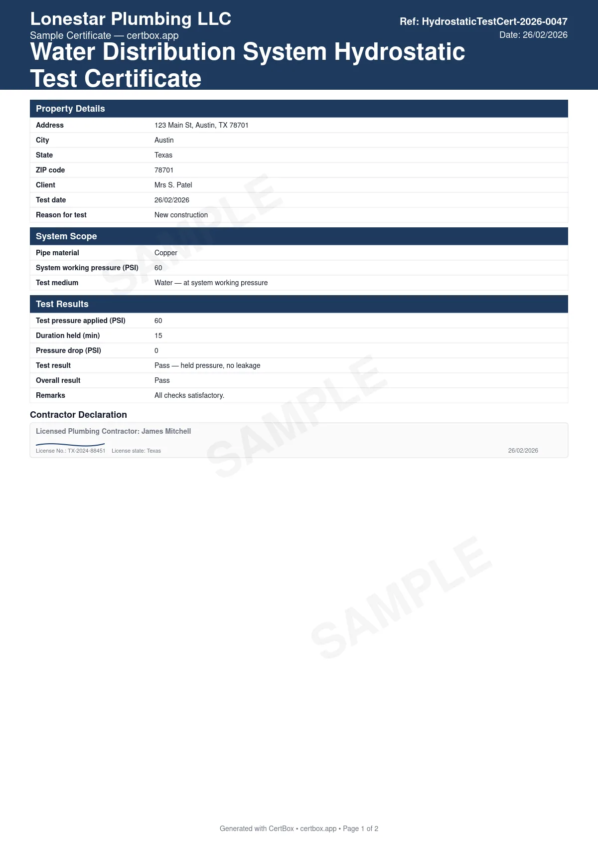 Sample Water Distribution System Hydrostatic Test Certificate certificate created with CertBox, showing the professional PDF layout with pipe material and system working pressure, test medium: water at working pressure, or air at 50 psi minimum for non-plastic piping, 15-minute minimum hold