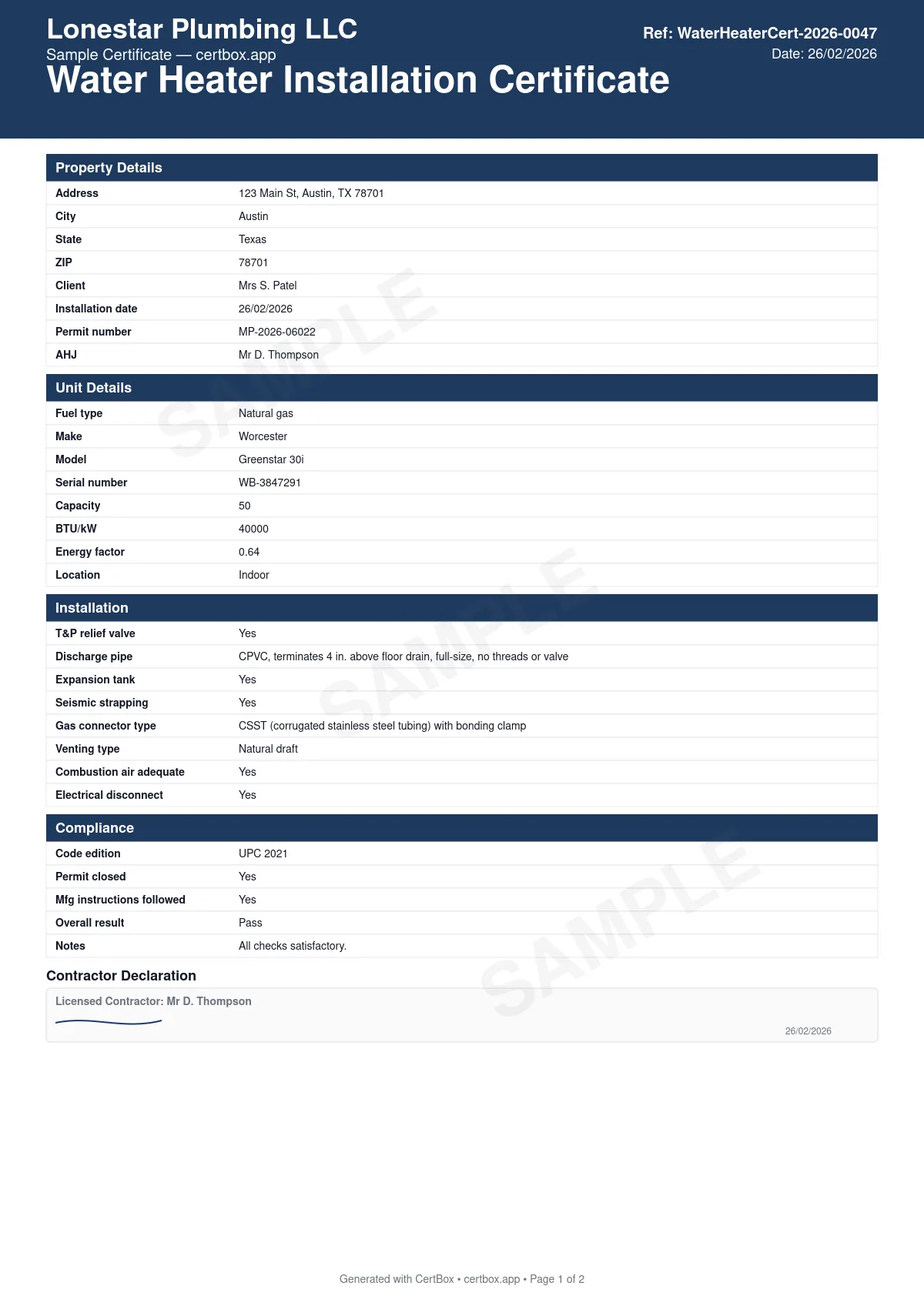 Sample Water Heater Installation Certificate certificate created with CertBox, showing the professional PDF layout with unit specifications and fuel type, t&p relief valve and discharge pipe, expansion tank installation