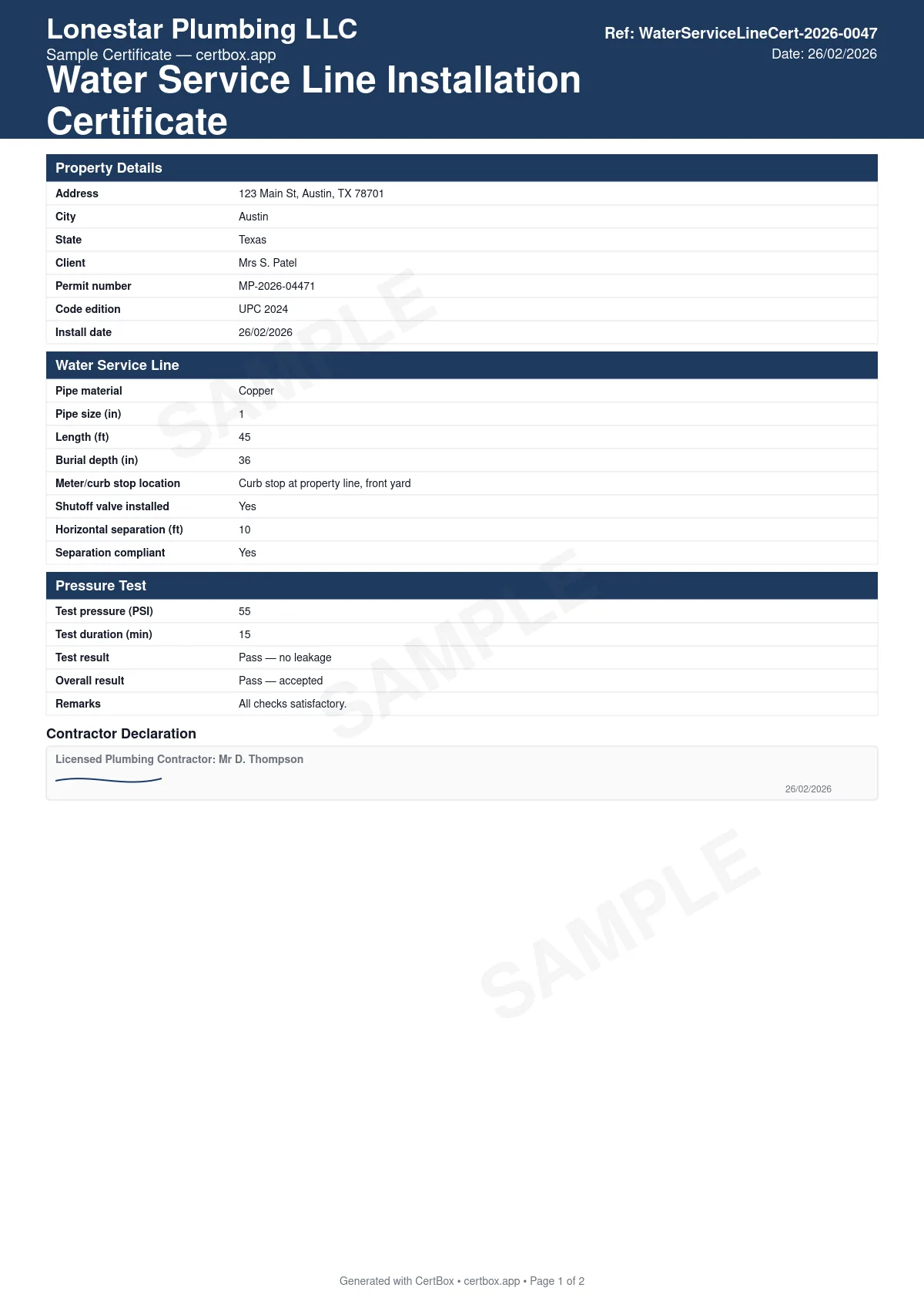 Sample Water Service Line Installation Certificate certificate created with CertBox, showing the professional PDF layout with pipe material, size, and burial depth, horizontal/vertical separation from sewer or drain lines, pressure test result