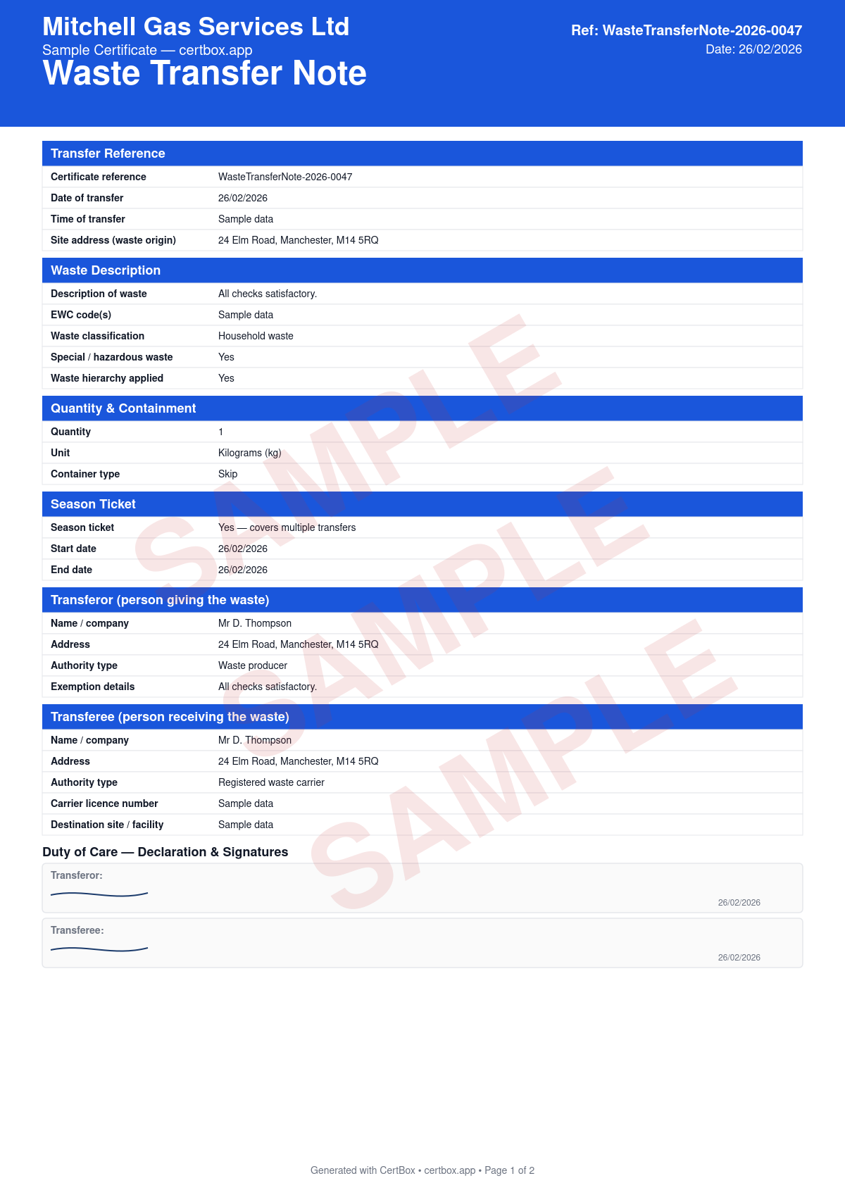 Sample Waste Transfer Note certificate created with CertBox, showing the professional PDF layout with waste description and quantity, sic code and ewc code, transfer location and date