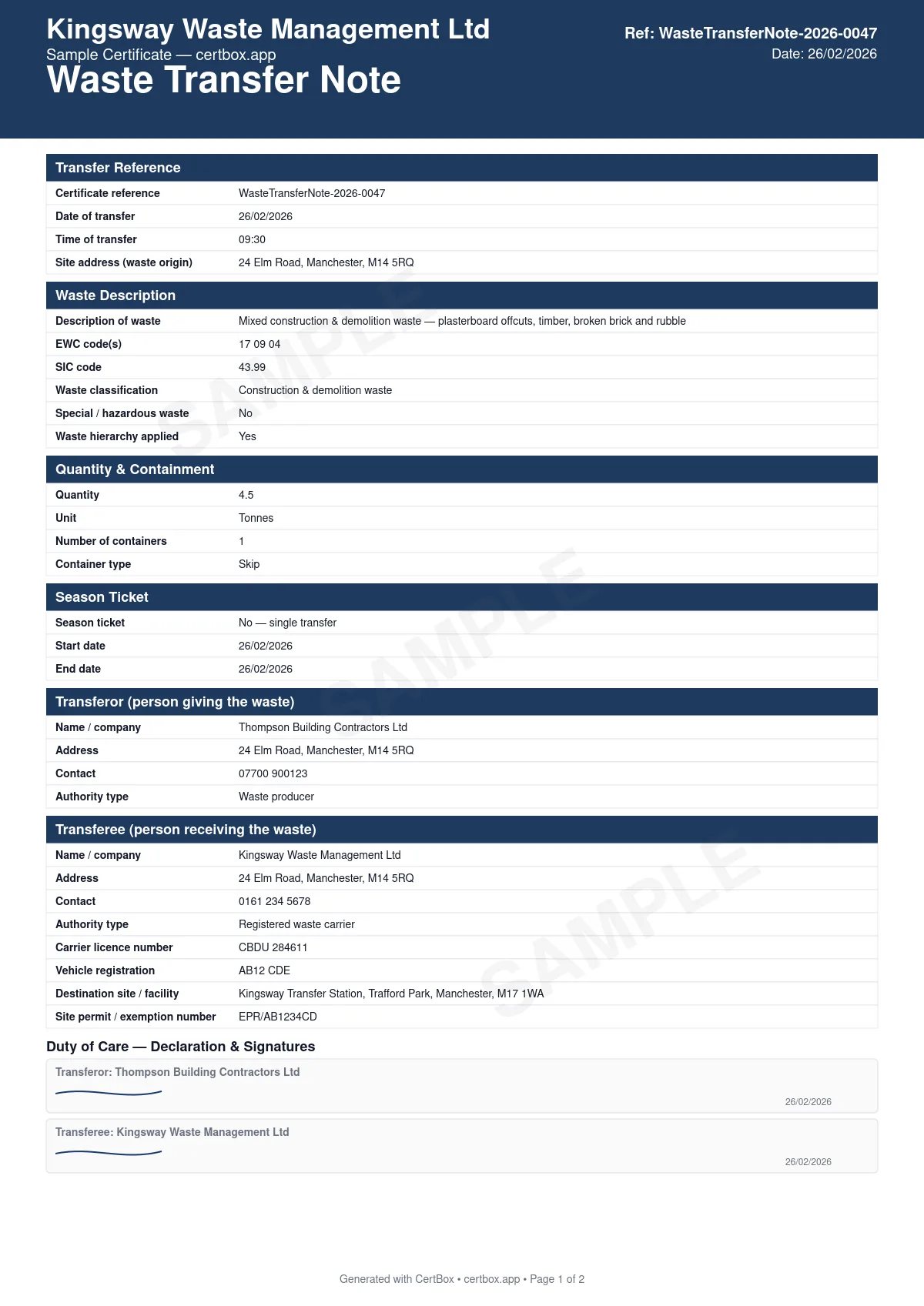 Sample Waste Transfer Note certificate created with CertBox, showing the professional PDF layout with waste description and quantity, sic code and ewc code, transfer location and date