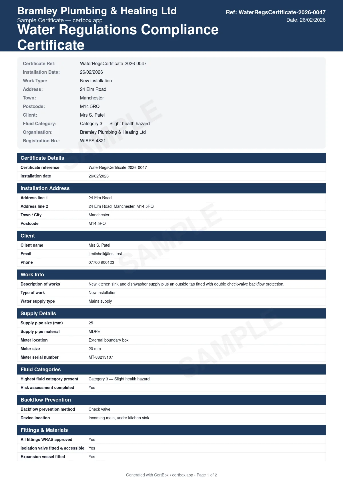 Sample Water Regulations Compliance Certificate certificate created with CertBox, showing the professional PDF layout with description of plumbing work carried out, backflow prevention measures, water fitting compliance
