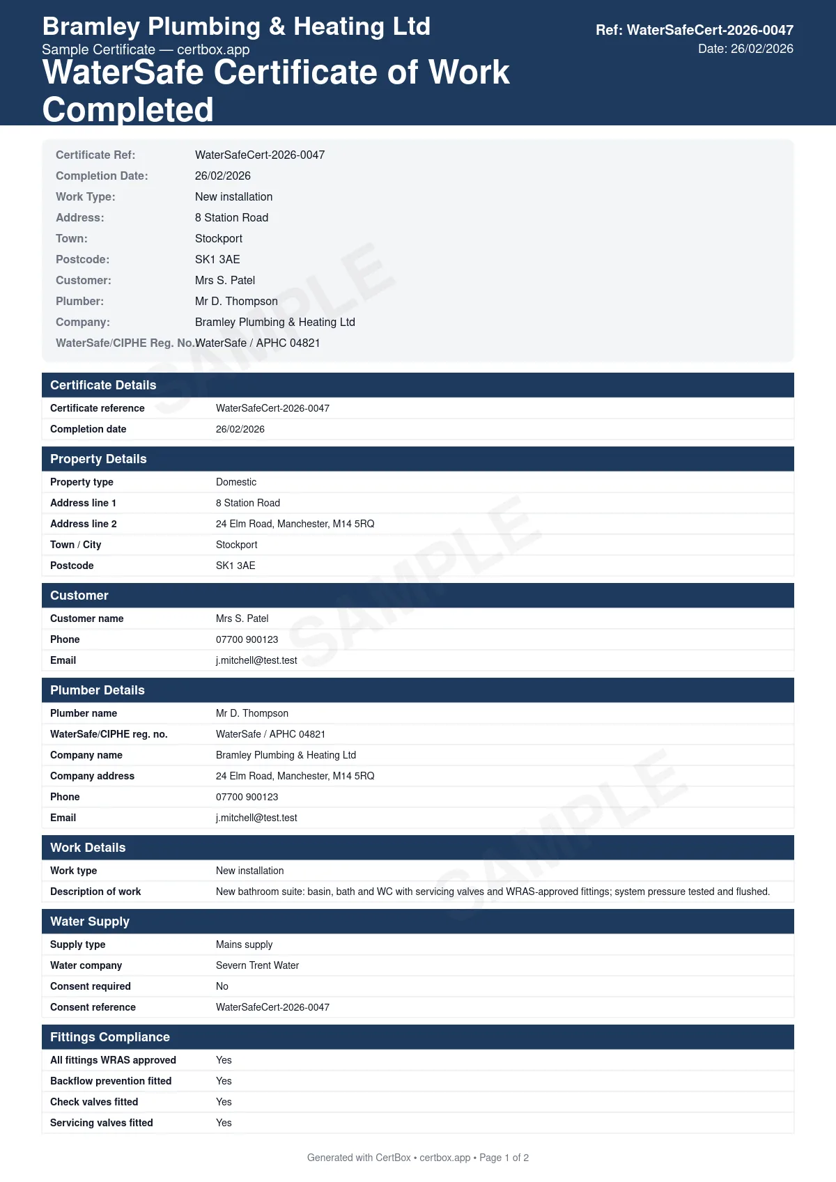 Sample WaterSafe Certificate of Work Completed certificate created with CertBox, showing the professional PDF layout with description of plumbing work completed, compliance with water fittings regulations, backflow prevention measures