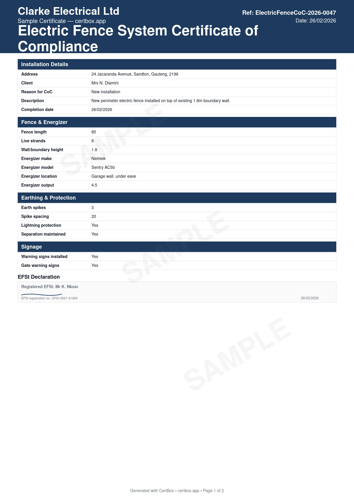 Sample Electric Fence System Certificate of Compliance (CoC) certificate created with CertBox, showing the professional PDF layout with installation address, client details, and reason for coc (new installation, addition/alteration, or change of ownership), fence length, live strands, wall/boundary height, and energizer make, model, and output (joules), earth spike count and spacing, and lightning/surge protection at the energizer
