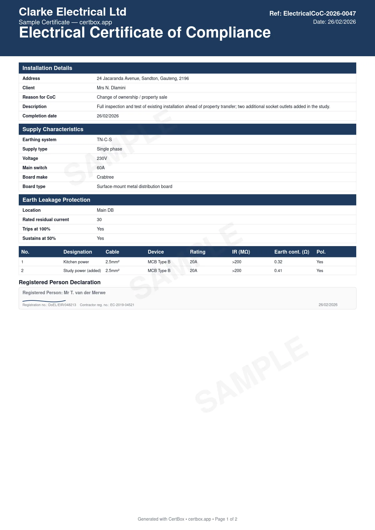 Sample Electrical Certificate of Compliance (CoC) certificate created with CertBox, showing the professional PDF layout with installation address, client details, and reason for coc (new installation, addition/alteration, or change of ownership), earthing system (tn-c-s, tn-s, tt) and supply characteristics, distribution board make, type, and main switch rating