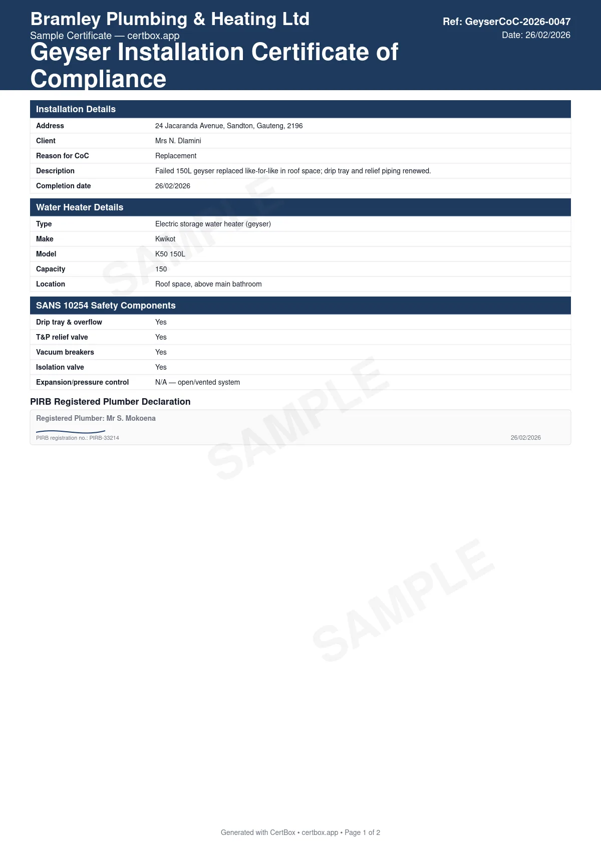 Sample Geyser Installation Certificate of Compliance (CoC) certificate created with CertBox, showing the professional PDF layout with installation address, client details, and reason for coc (new installation, replacement, repair, or change of ownership), water heater type (electric, solar, or heat pump), make, model, capacity, and location, drip tray and overflow pipe routed to the exterior